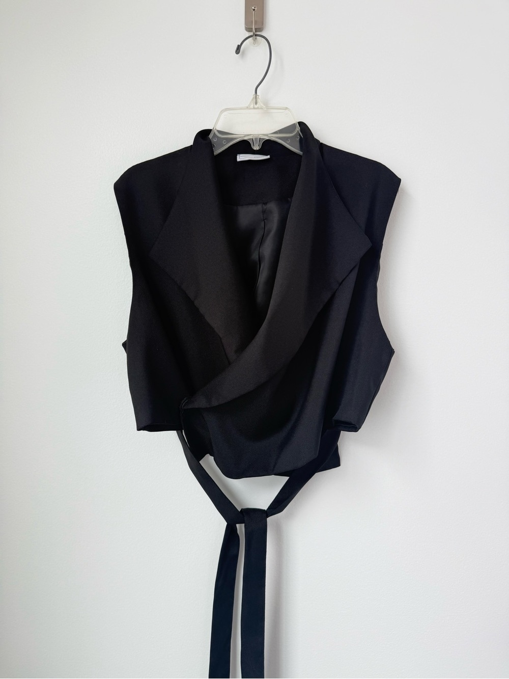 MARIGOLD SHADOW Sleeveless Draped Black Tie-Front Vest, satin lined